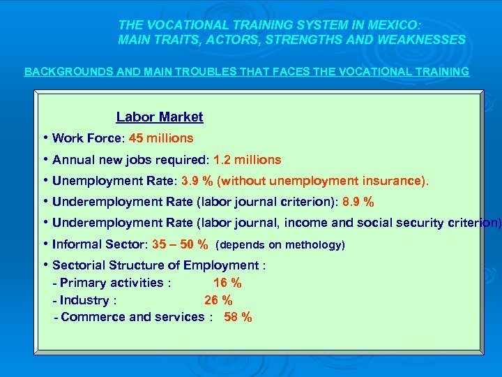 THE VOCATIONAL TRAINING SYSTEM IN MEXICO: MAIN TRAITS, ACTORS, STRENGTHS AND WEAKNESSES BACKGROUNDS AND