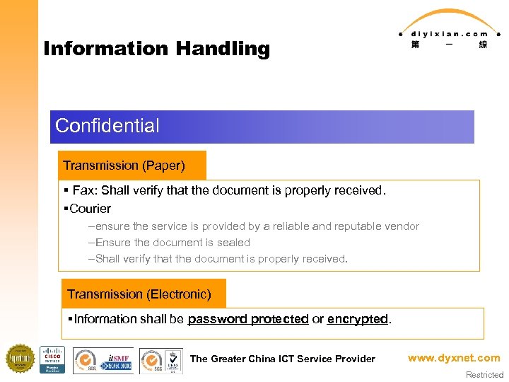 Information Handling Confidential Transmission (Paper) § Fax: Shall verify that the document is properly