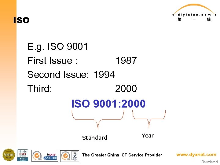 ISO E. g. ISO 9001 First Issue : 1987 Second Issue: 1994 Third: 2000