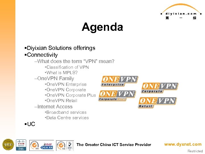Agenda §Diyixian Solutions offerings §Connectivity –What does the term “VPN” mean? • Classification of