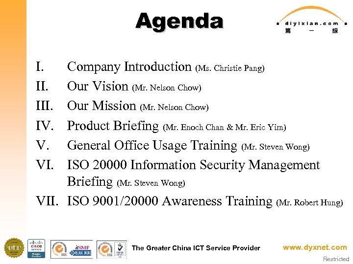 Agenda I. III. IV. V. VI. Company Introduction (Ms. Christie Pang) Our Vision (Mr.