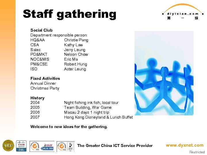 Staff gathering Social Club Department responsible person: HQ&AA Christie Pang CSA Kathy Law Sales
