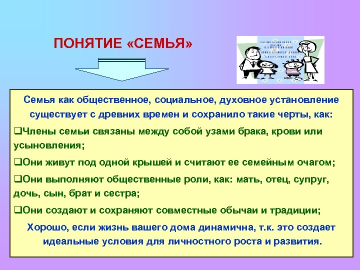 ПОНЯТИЕ «СЕМЬЯ» Семья как общественное, социальное, духовное установление существует с древних времен и сохранило