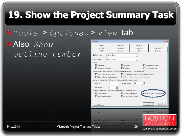 19. Show the Project Summary Task Tools > Options… > View tab Also: Show