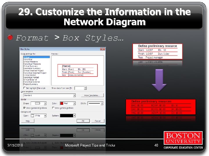 29. Customize the Information in the Network Diagram Format > Box Styles… 3/15/2018 Microsoft