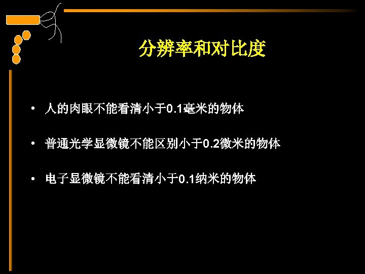 分辨率和对比度 • 人的肉眼不能看清小于0. 1毫米的物体 • 普通光学显微镜不能区别小于0. 2微米的物体 • 电子显微镜不能看清小于0. 1纳米的物体 