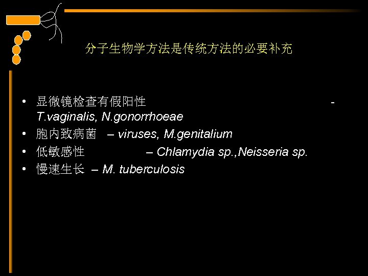 分子生物学方法是传统方法的必要补充 • 显微镜检查有假阳性 - T. vaginalis, N. gonorrhoeae • 胞内致病菌 – viruses, M. genitalium