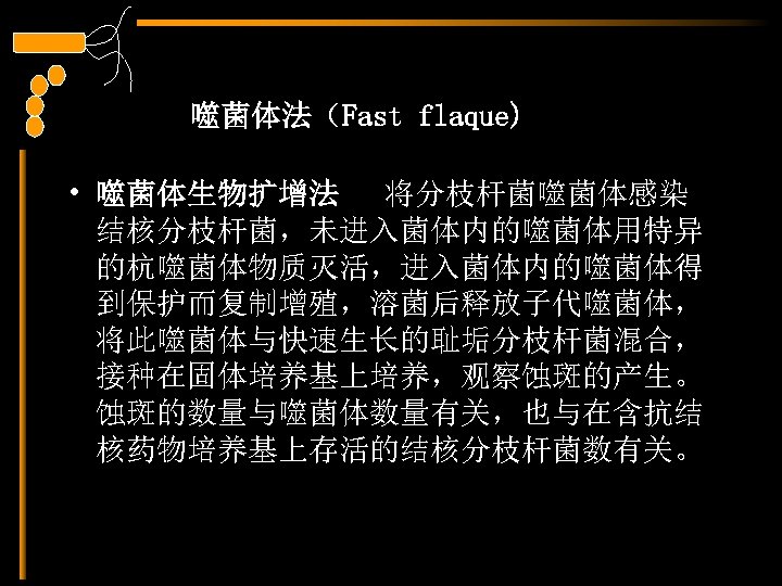 噬菌体法（Fast flaque) • 噬菌体生物扩增法 将分枝杆菌噬菌体感染 结核分枝杆菌，未进入菌体内的噬菌体用特异 的杭噬菌体物质灭活，进入菌体内的噬菌体得 到保护而复制增殖，溶菌后释放子代噬菌体， 将此噬菌体与快速生长的耻垢分枝杆菌混合， 接种在固体培养基上培养，观察蚀斑的产生。 蚀斑的数量与噬菌体数量有关，也与在含抗结 核药物培养基上存活的结核分枝杆菌数有关。 