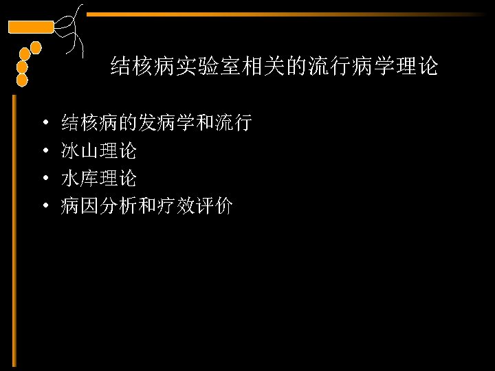 结核病实验室相关的流行病学理论 • • 结核病的发病学和流行 冰山理论 水库理论 病因分析和疗效评价 