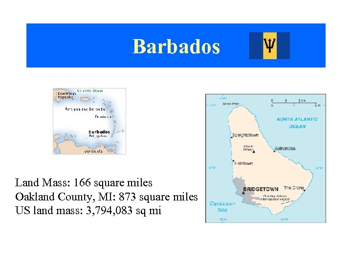 Barbados Land Mass: 166 square miles Oakland County, MI: 873 square miles US land