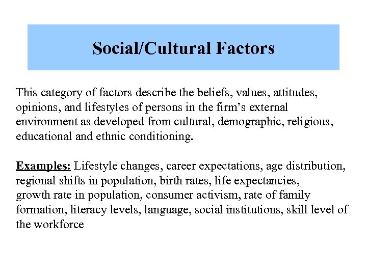 Social/Cultural Factors This category of factors describe the beliefs, values, attitudes, opinions, and lifestyles