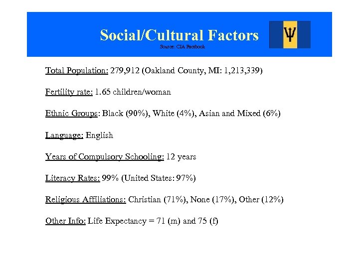 Social/Cultural Factors Source: CIA Factbook Total Population: 279, 912 (Oakland County, MI: 1, 213,