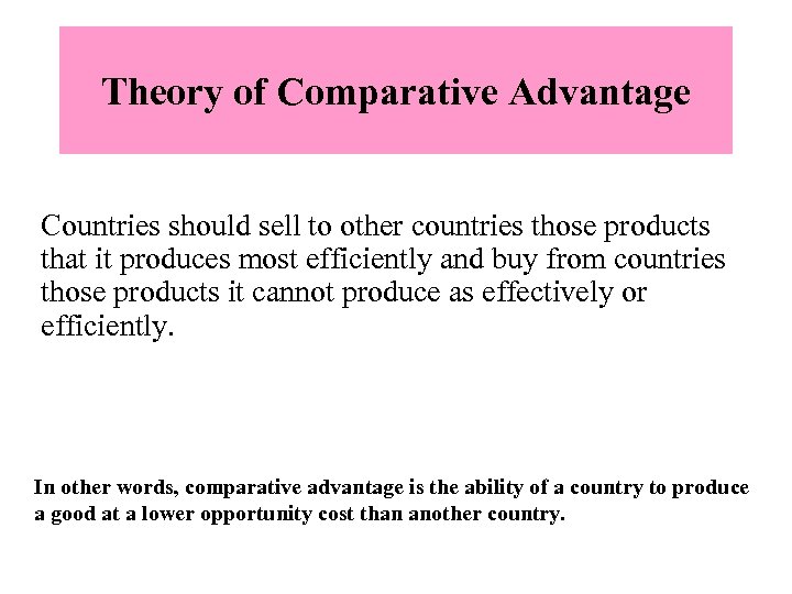 Theory of Comparative Advantage Countries should sell to other countries those products that it