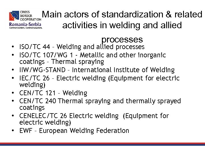 Main actors of standardization & related activities in welding and allied Common borders. Common