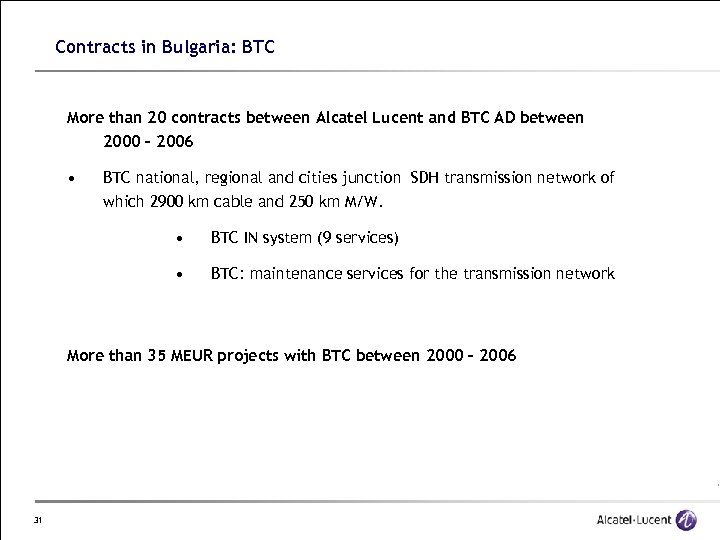 Contracts in Bulgaria: BTC More than 20 contracts between Alcatel Lucent and BTC AD