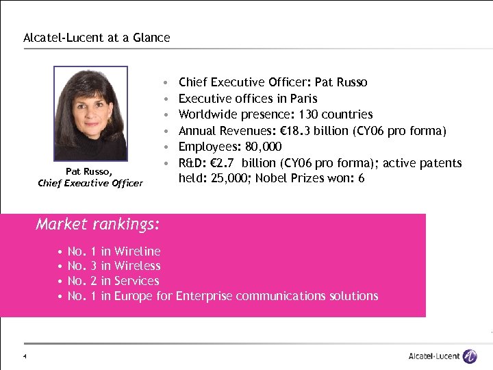 Alcatel-Lucent at a Glance Pat Russo, Chief Executive Officer • • • Chief Executive