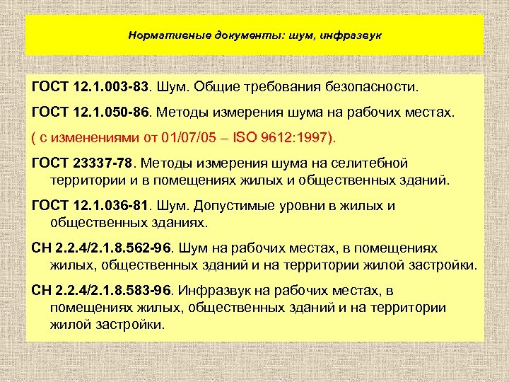 Нормативные документы: шум, инфразвук ГОСТ 12. 1. 003 -83. Шум. Общие требования безопасности. ГОСТ