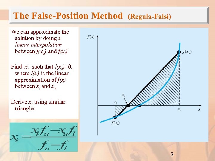 The False-Position Method (Regula-Falsi) We can approximate the solution by doing a linear interpolation