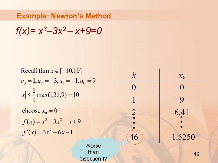 Example: Newton’s Method f(x)= x 3– 3 x 2 – x+9=0 k 0 1