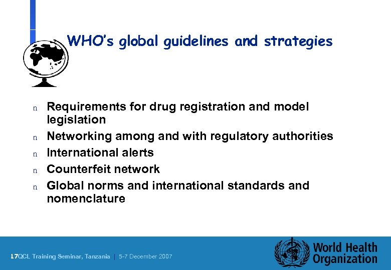 WHO’s global guidelines and strategies n n n Requirements for drug registration and model