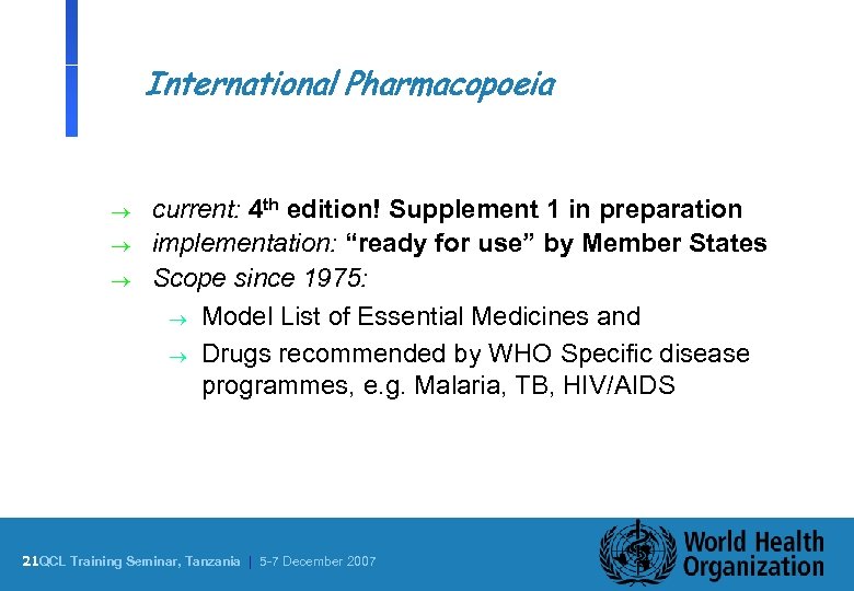 International Pharmacopoeia ® ® ® current: 4 th edition! Supplement 1 in preparation implementation: