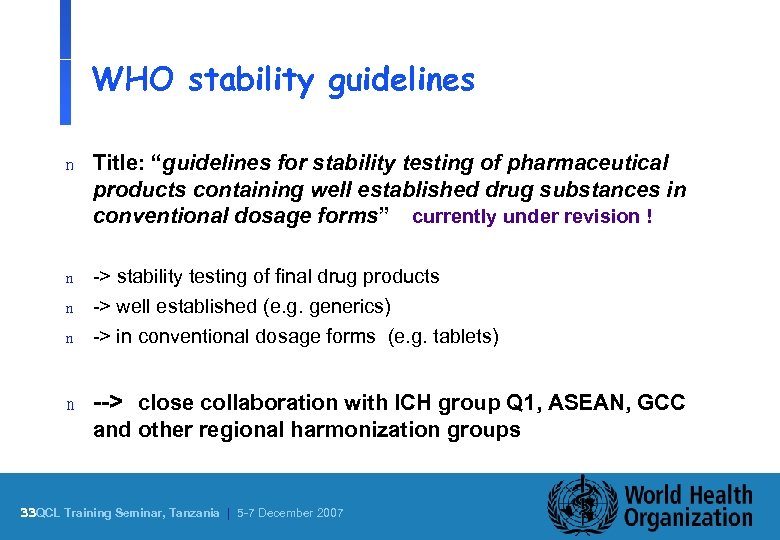 WHO stability guidelines n Title: “guidelines for stability testing of pharmaceutical products containing well