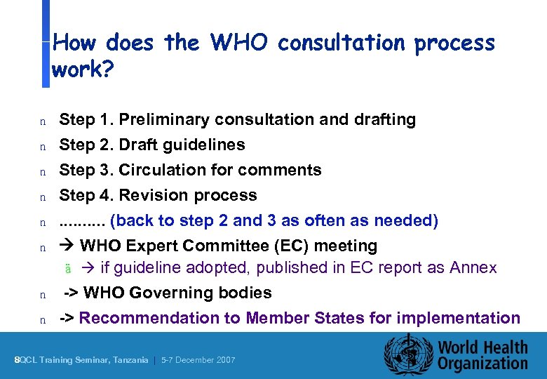 How does the WHO consultation process work? n n n n Step 1. Preliminary