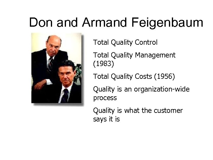 Don and Armand Feigenbaum Total Quality Control Total Quality Management (1983) Total Quality Costs