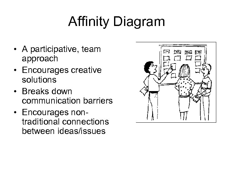 Affinity Diagram • A participative, team approach • Encourages creative solutions • Breaks down