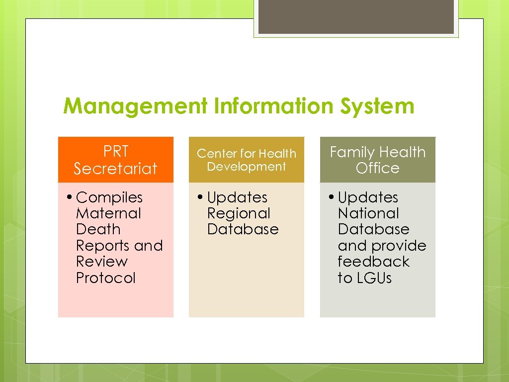 Management Information System PRT Secretariat • Compiles Maternal Death Reports and Review Protocol Center