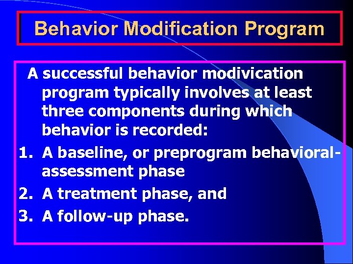 Behavior Modification Program A successful behavior modivication program typically involves at least three components