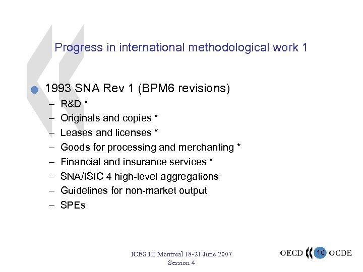 Progress in international methodological work 1 n 1993 SNA Rev 1 (BPM 6 revisions)