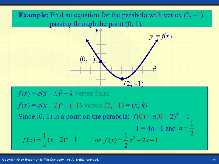 Example: Find an equation for the parabola with vertex (2, – 1) passing through