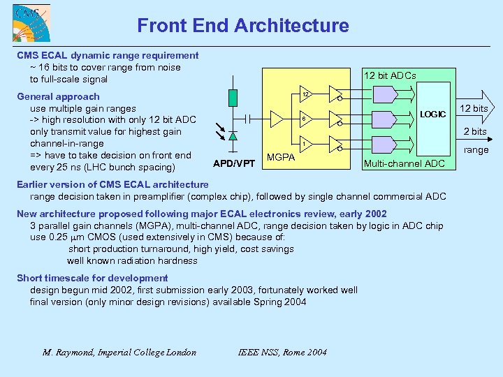 Front End Architecture CMS ECAL dynamic range requirement ~ 16 bits to cover range