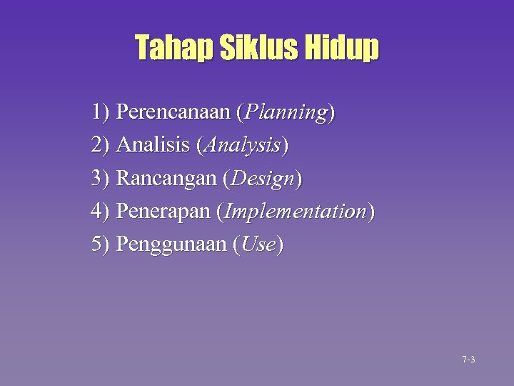 Tahap Siklus Hidup 1) Perencanaan (Planning) 2) Analisis (Analysis) 3) Rancangan (Design) 4) Penerapan