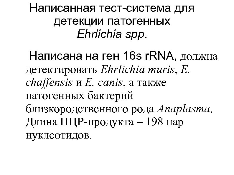 Написанная тест-система для детекции патогенных Ehrlichia spp. Написана на ген 16 s r. RNA,