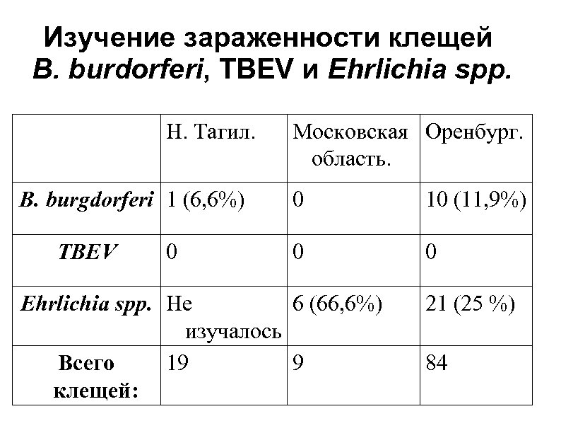 Изучение зараженности клещей B. burdorferi, TBEV и Ehrlichia spp. Н. Тагил. B. burgdorferi 1