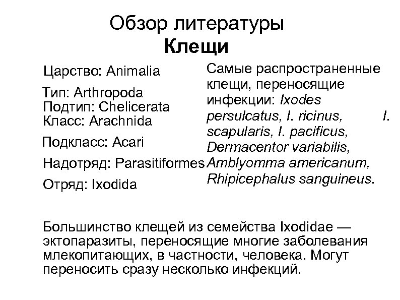 Обзор литературы Клещи Самые распространенные клещи, переносящие Тип: Arthropoda инфекции: Ixodes Подтип: Chelicerata persulcatus,
