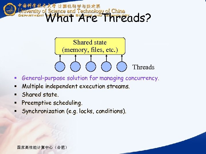 What Are Threads? Shared state (memory, files, etc. ) Threads § § § General-purpose