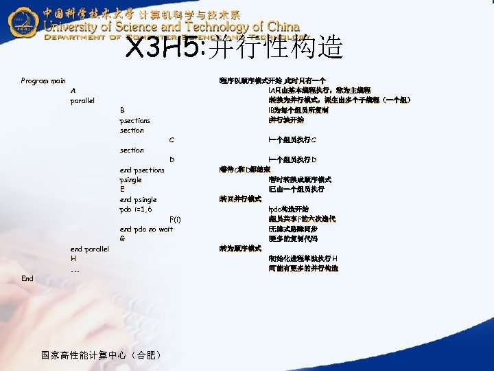 X 3 H 5: 并行性构造 Program main A parallel B psections section end psections