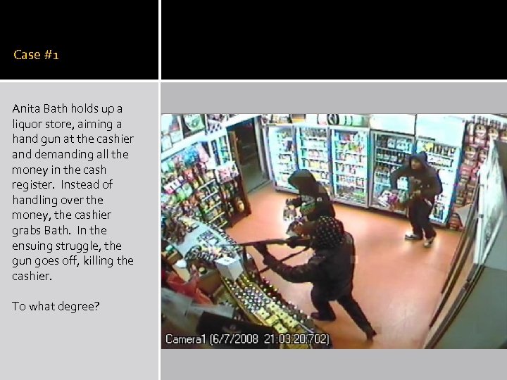 Case #1 Anita Bath holds up a liquor store, aiming a hand gun at