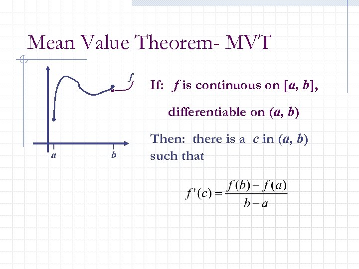 Mean Value Theorem- MVT f If: f is continuous on [a, b], differentiable on