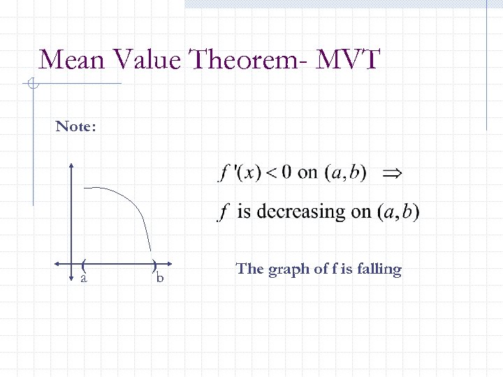 Mean Value Theorem- MVT Note: ( a ) b The graph of f is