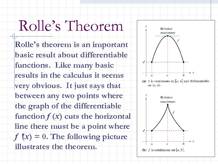 Rolle’s Theorem Rolle's theorem is an important basic result about differentiable functions. Like many