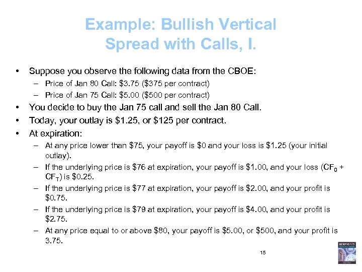 Example: Bullish Vertical Spread with Calls, I. • Suppose you observe the following data