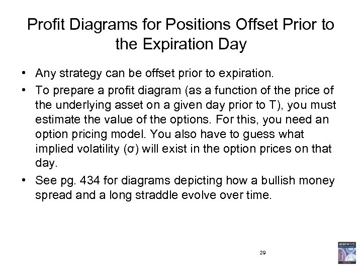Profit Diagrams for Positions Offset Prior to the Expiration Day • Any strategy can