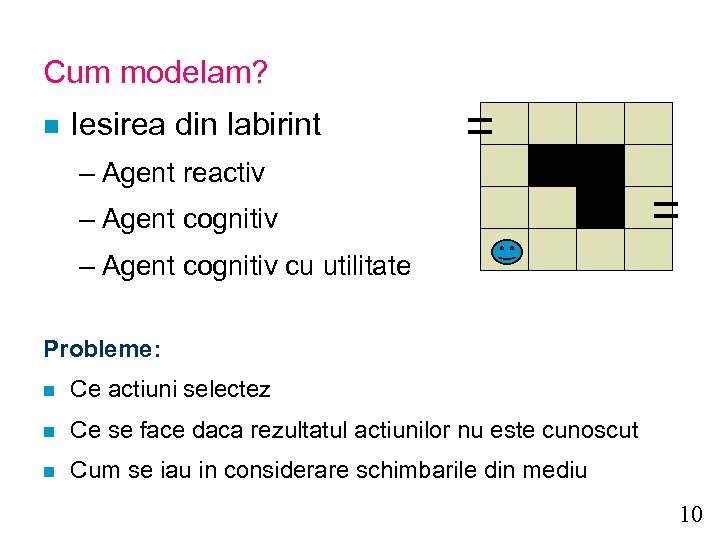 Cum modelam? n Iesirea din labirint – Agent reactiv – Agent cognitiv cu utilitate