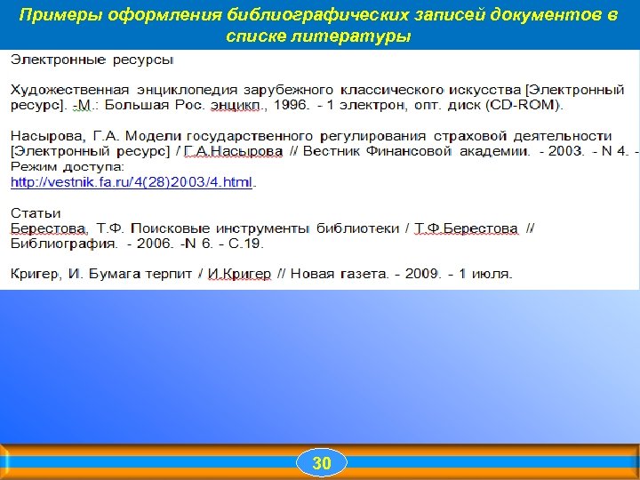 Примеры оформления библиографических записей документов в списке литературы Примеры оформления библиографических записей документов в