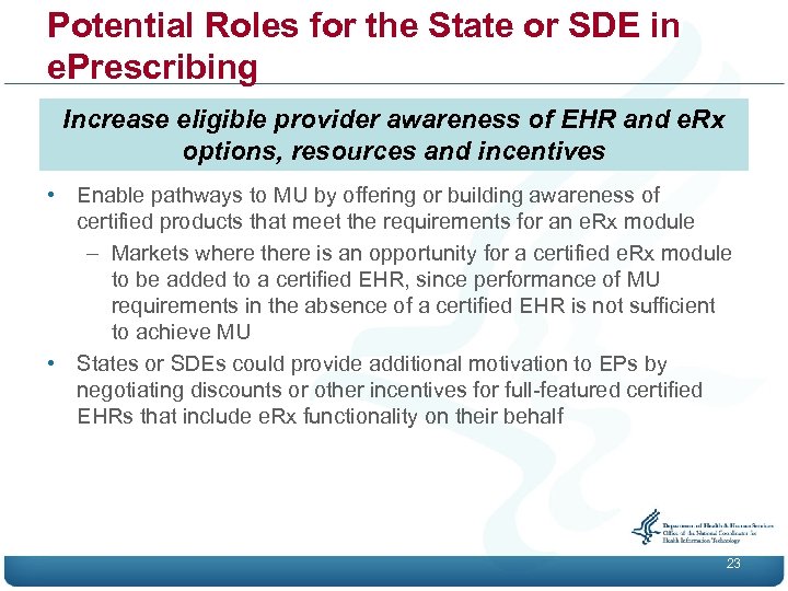 Potential Roles for the State or SDE in e. Prescribing Increase eligible provider awareness