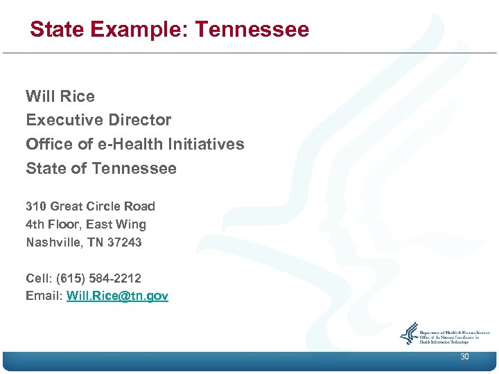 State Example: Tennessee Will Rice Executive Director Office of e-Health Initiatives State of Tennessee